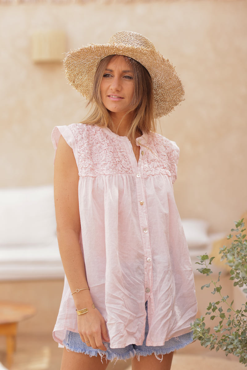Soft pink floaty cotton sleeveless blouse with mother of pearl buttons
