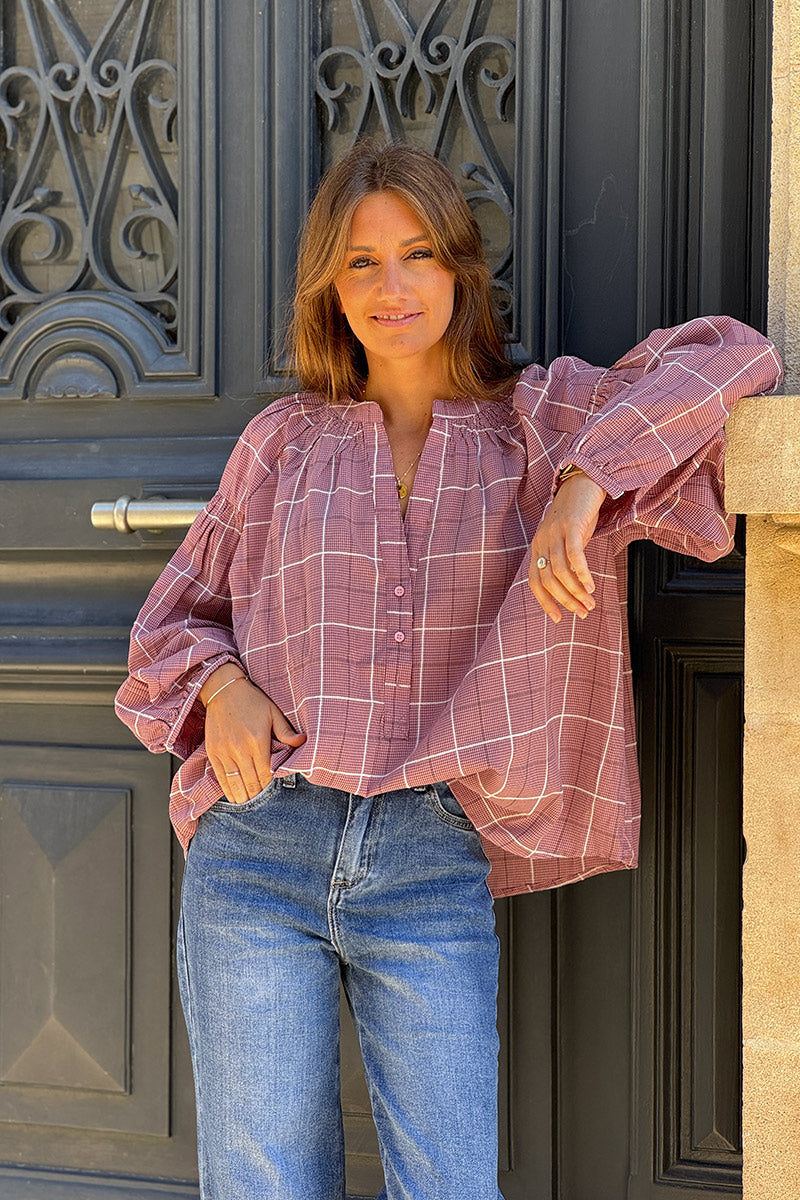 Blouse rose petits carreaux col mao et boutons