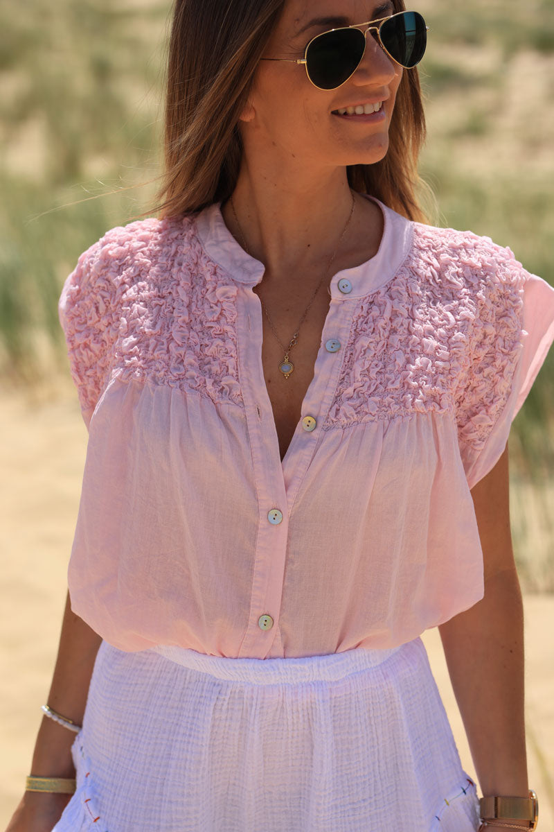Pink floaty cotton sleeveless blouse with mother of pearl buttons