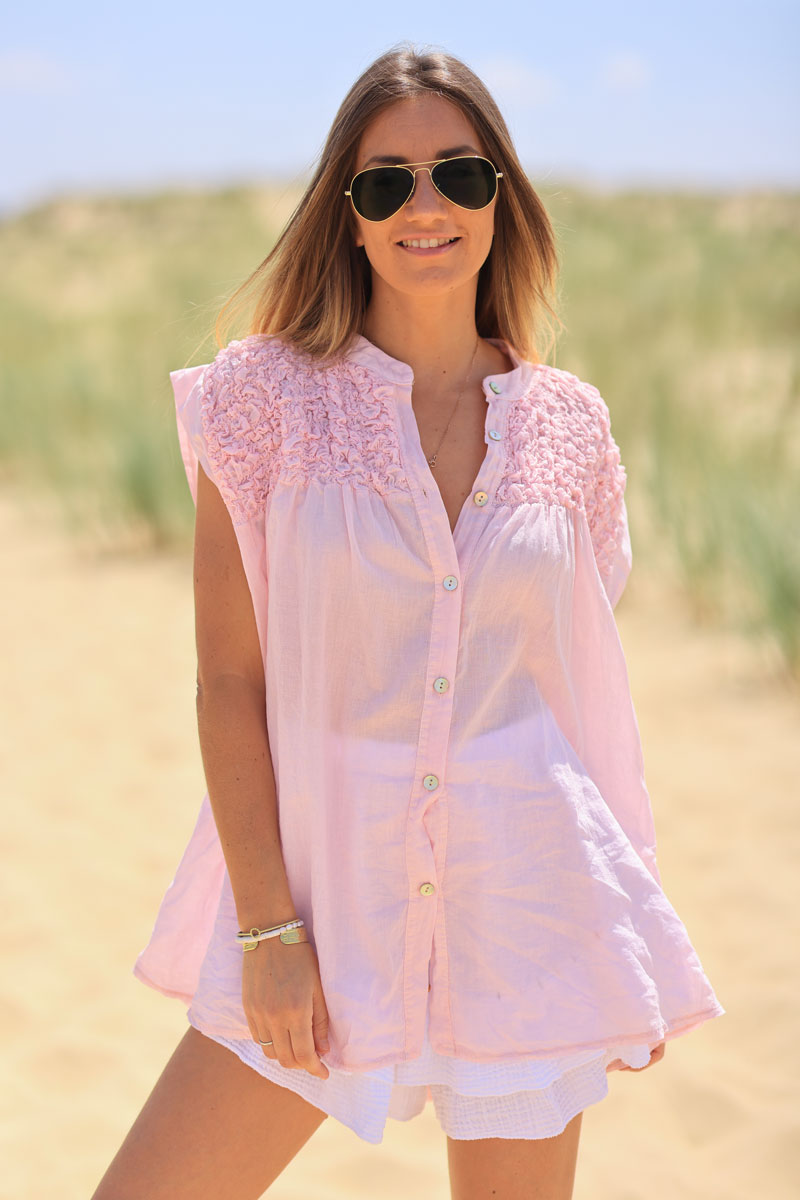 Pink floaty cotton sleeveless blouse with mother of pearl buttons