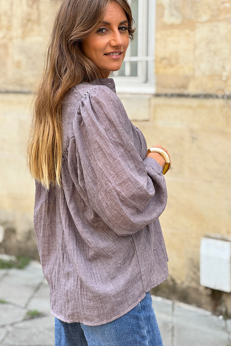 Blouse violet en coton a boutons col v broderie ajourée