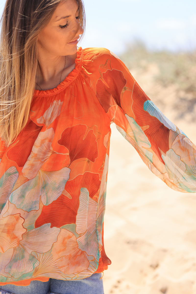 Orange tones floral sheer long sleeve bardot top
