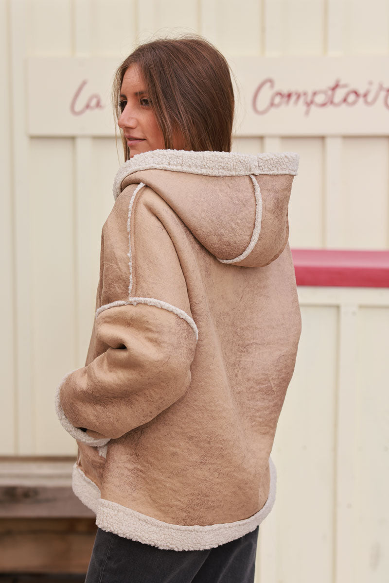 Camel Sherpa Zip-Front Hoodie