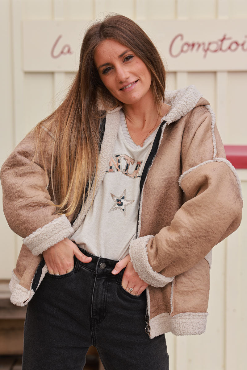 Camel Sherpa Zip-Front Hoodie