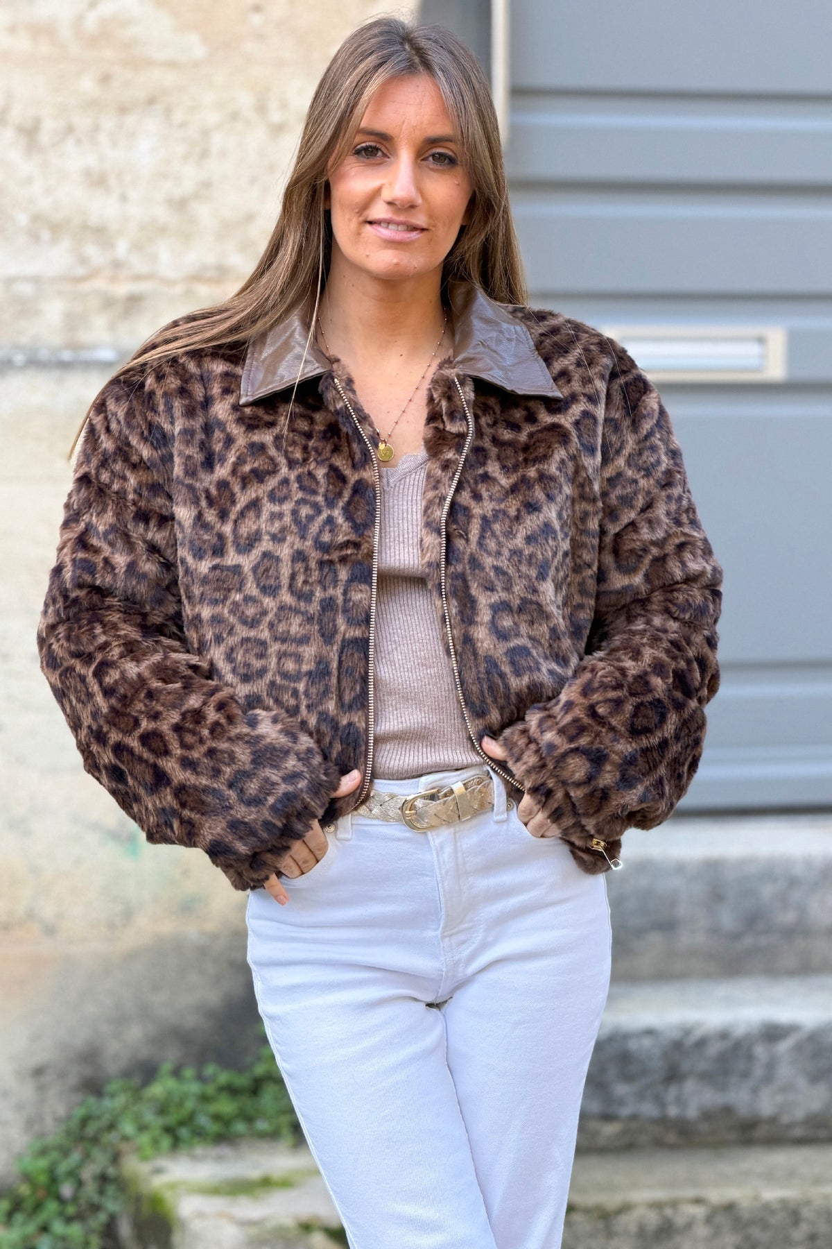 Leopard Print Plush Zip-Up Jacket