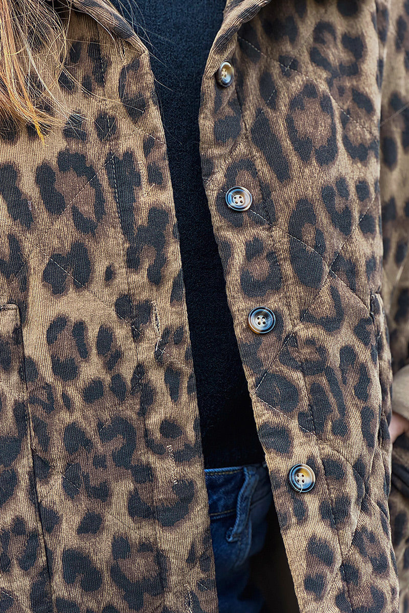Blouson en velours côtelé motif léopard poches et boutons écaille