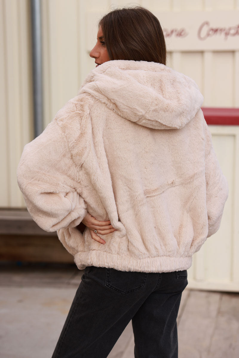 Blouson tout doux fausse fourrure beige à capuche élastique à la taille et zip