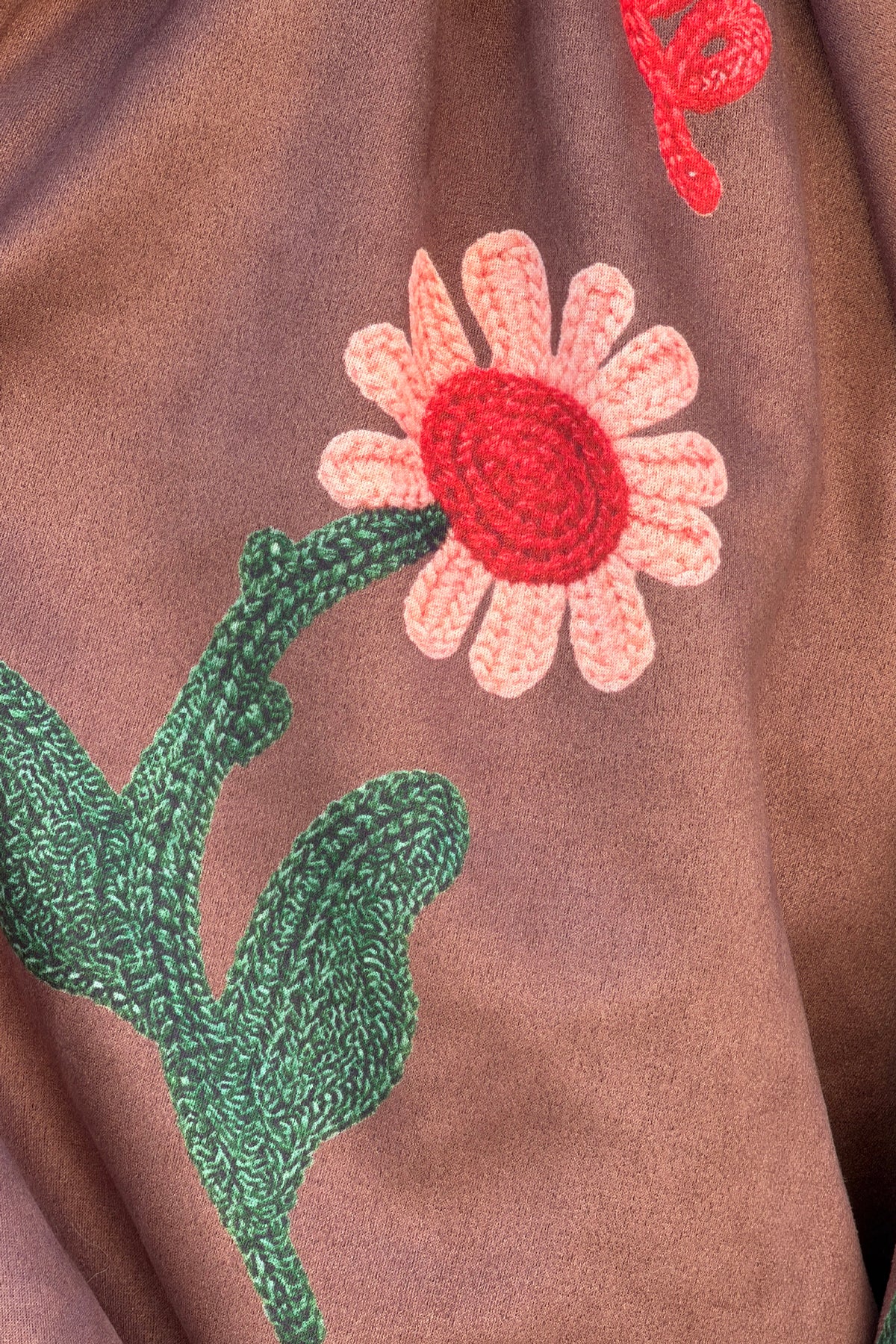 Blouson veste ballon marron en suédine imprimé effet broderie fleurs colorées et zip