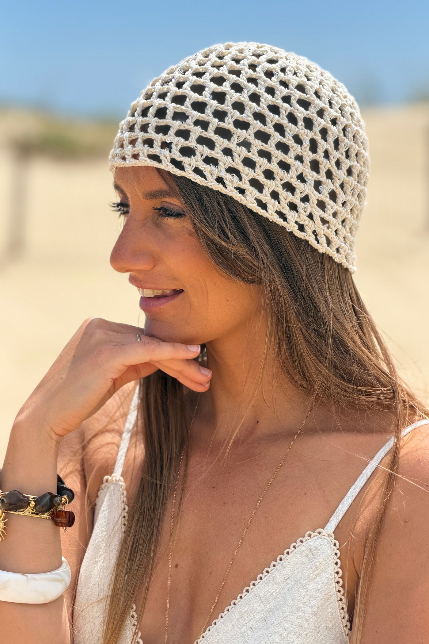 Ivory Crochet Sequined Beanie