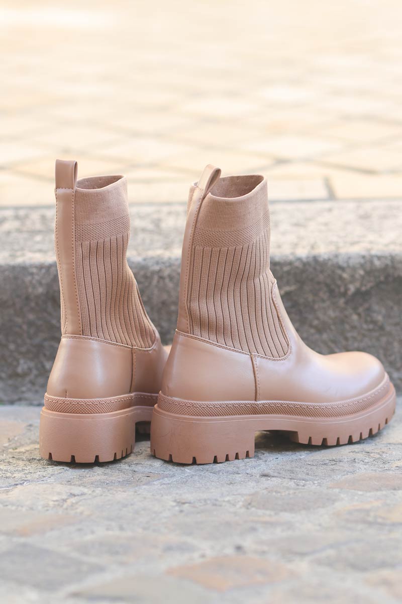 Boots chaussettes camel tissus elastique et simili cuir e078 (1)