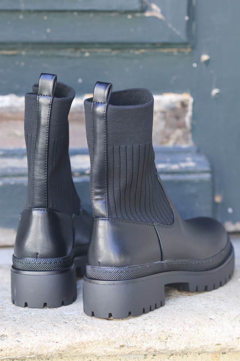 Boots chaussettes noires tissus elastique et simili cuir e078 (1)