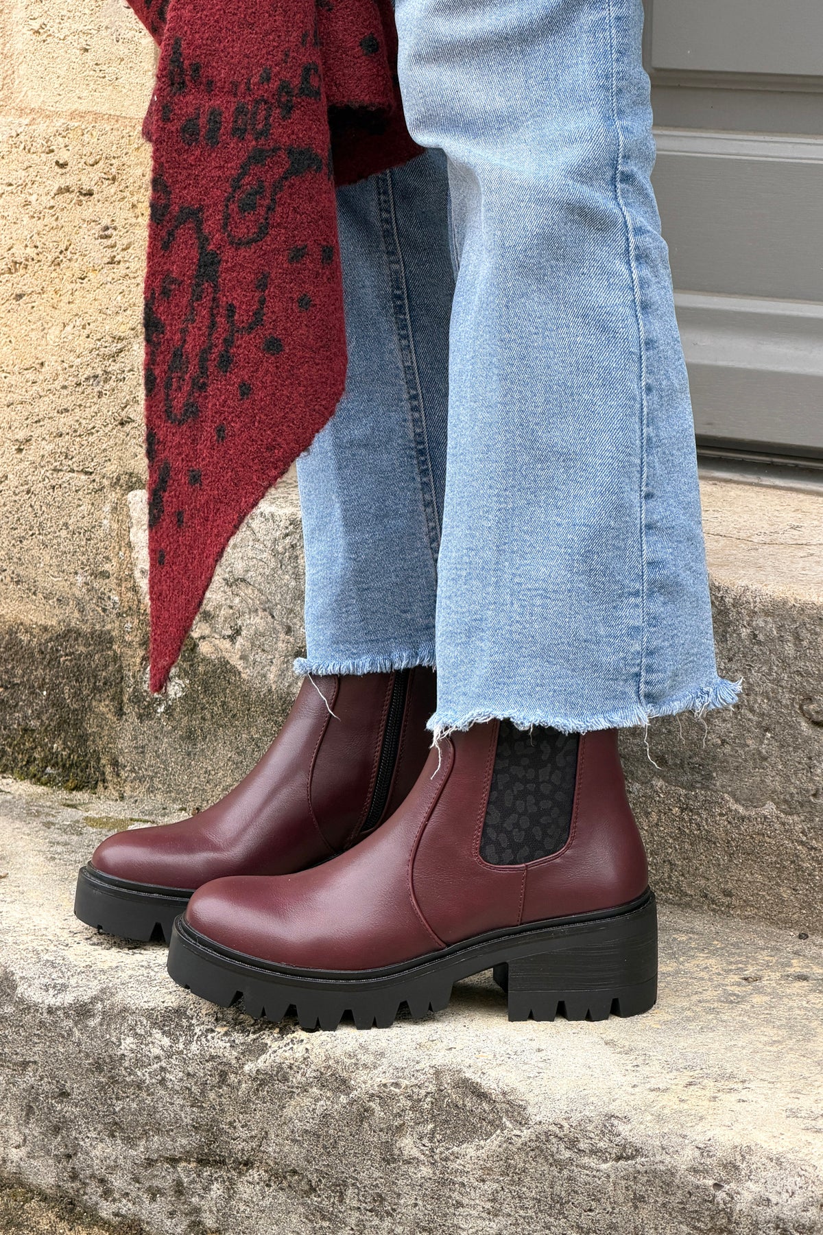 Aubergine Leatherette Boots with Leopard Insert
