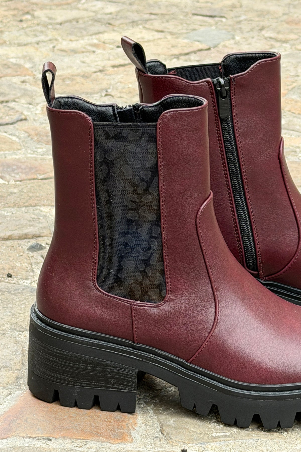 Aubergine Leatherette Boots with Leopard Insert
