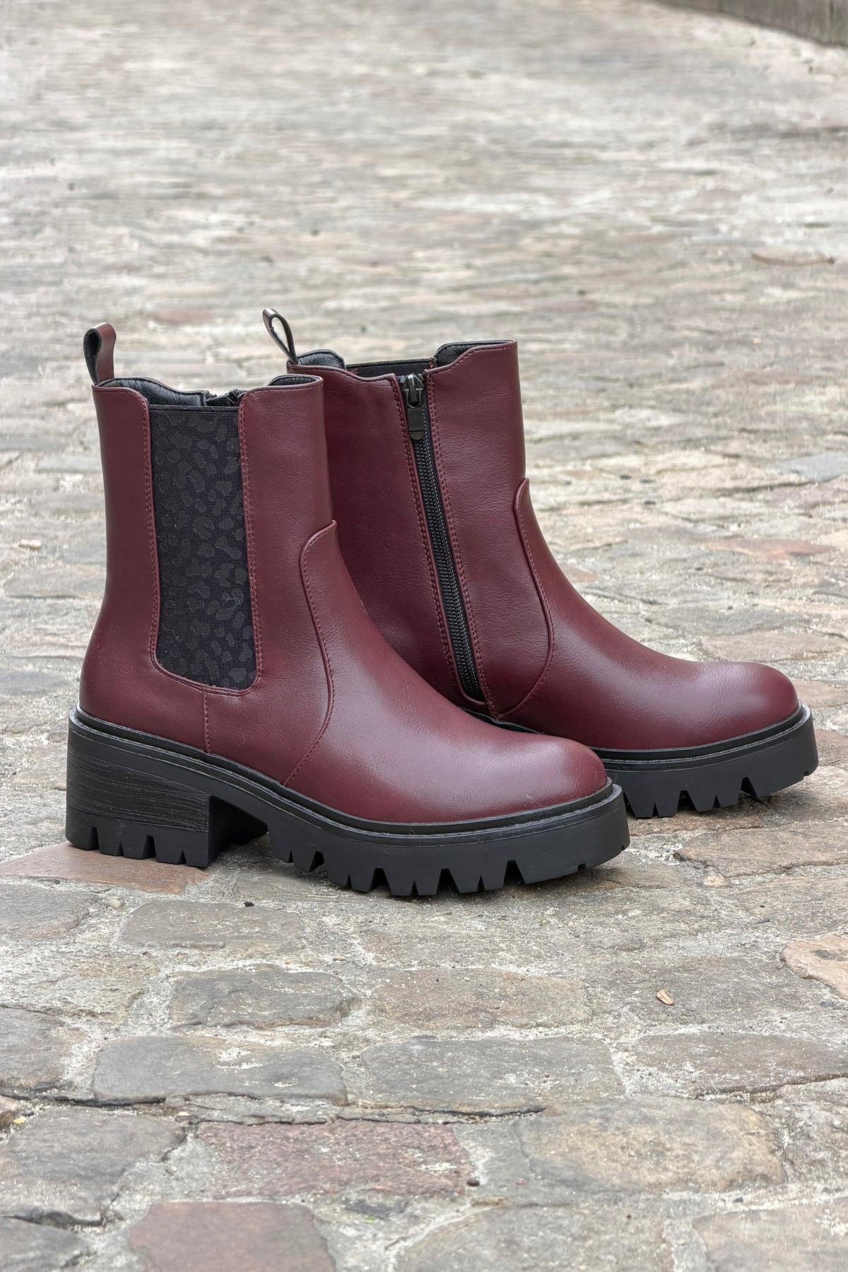 Aubergine Leatherette Boots with Leopard Insert
