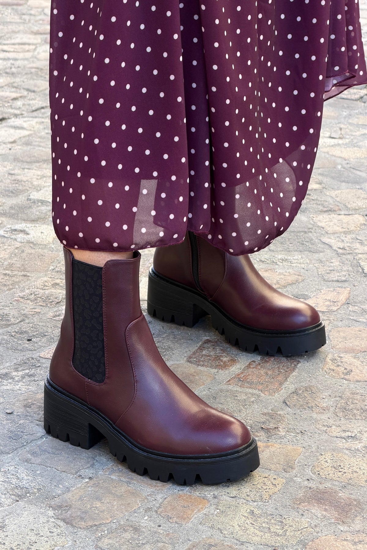 Aubergine Leatherette Boots with Leopard Insert
