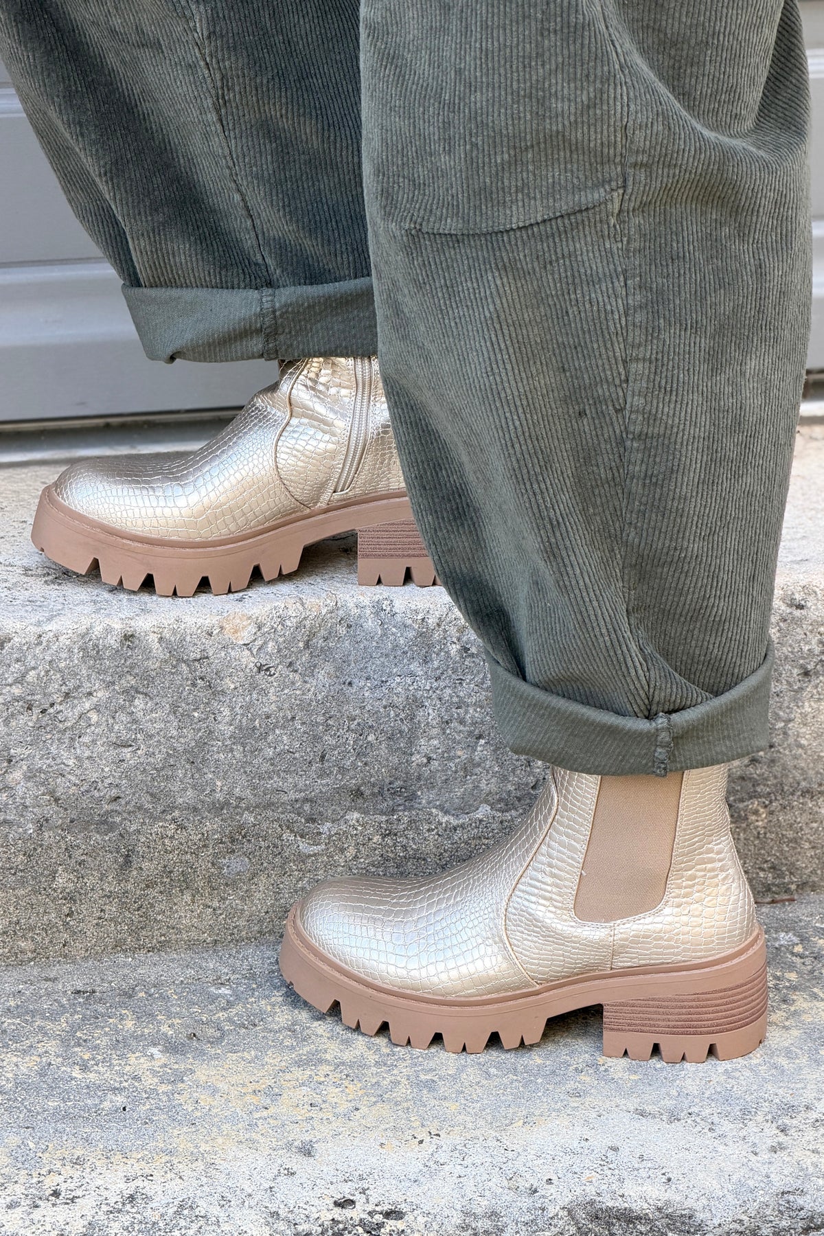 Gold Alligator Stretch Lug Sole Boots
