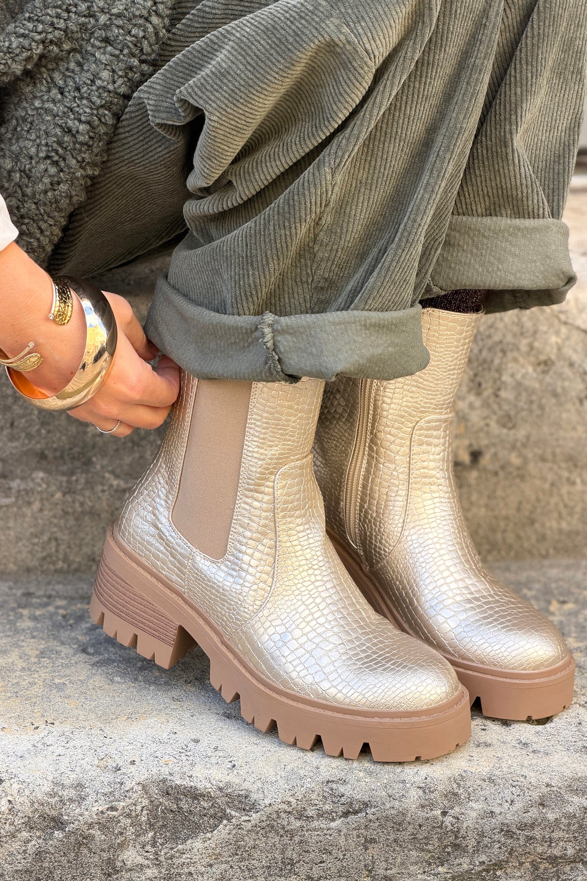 Gold Alligator Stretch Lug Sole Boots
