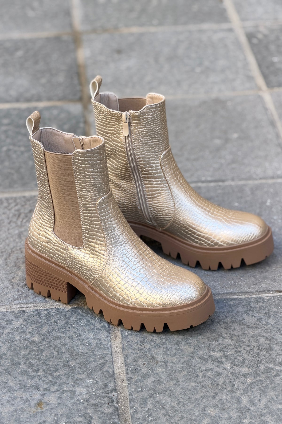 Gold Alligator Stretch Lug Sole Boots

