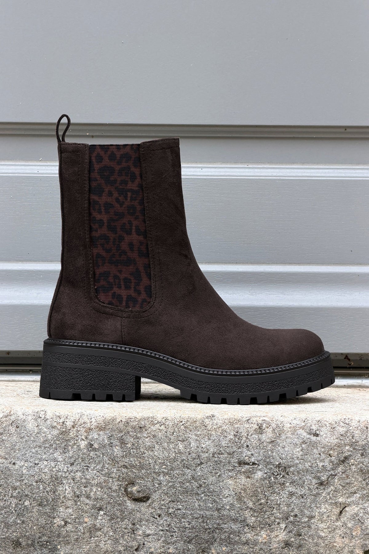 Brown Leatherette Boots with Leopard Insert
