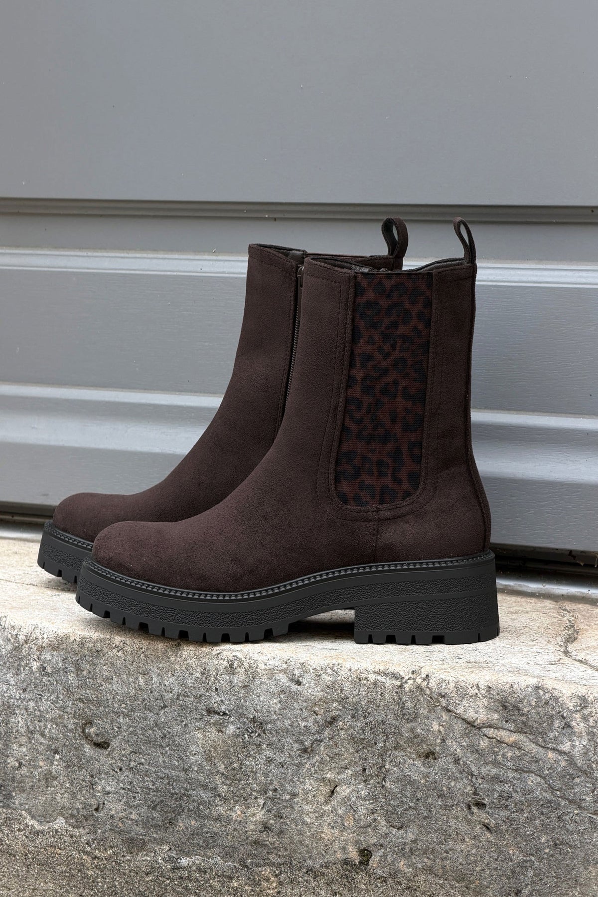 Brown Leatherette Boots with Leopard Insert
