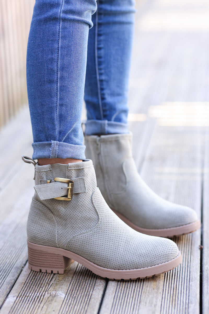 Chunky mid heel suedette chelsea boots in light khaki with buckle