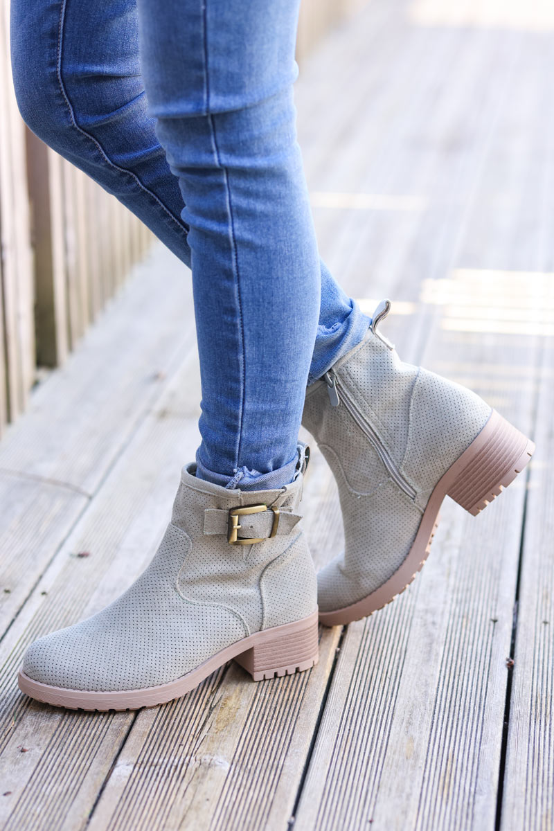 Chunky mid heel suedette chelsea boots in light khaki with buckle