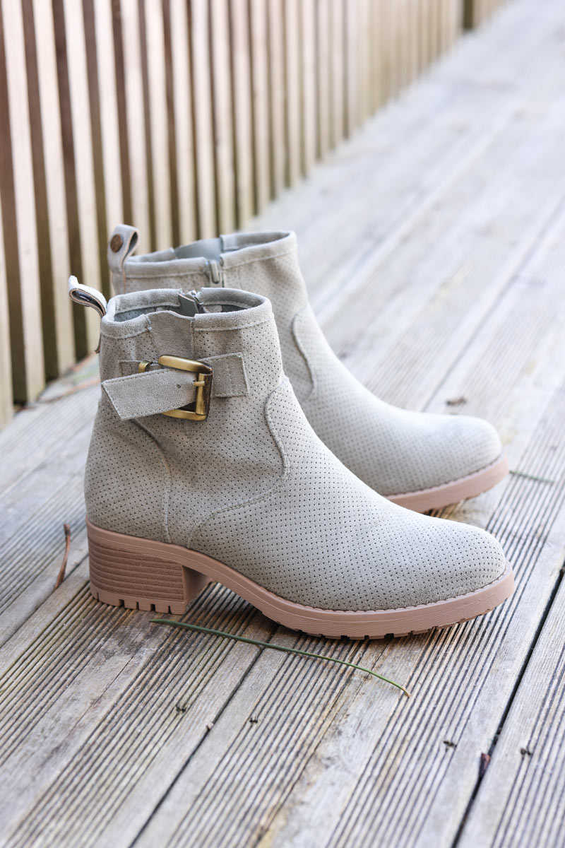 Chunky mid heel suedette chelsea boots in light khaki with buckle