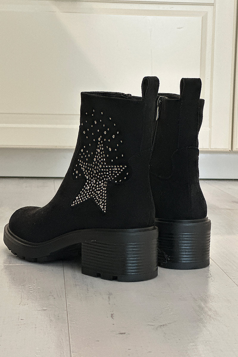 Boots noires à talon cranté étoile en strass