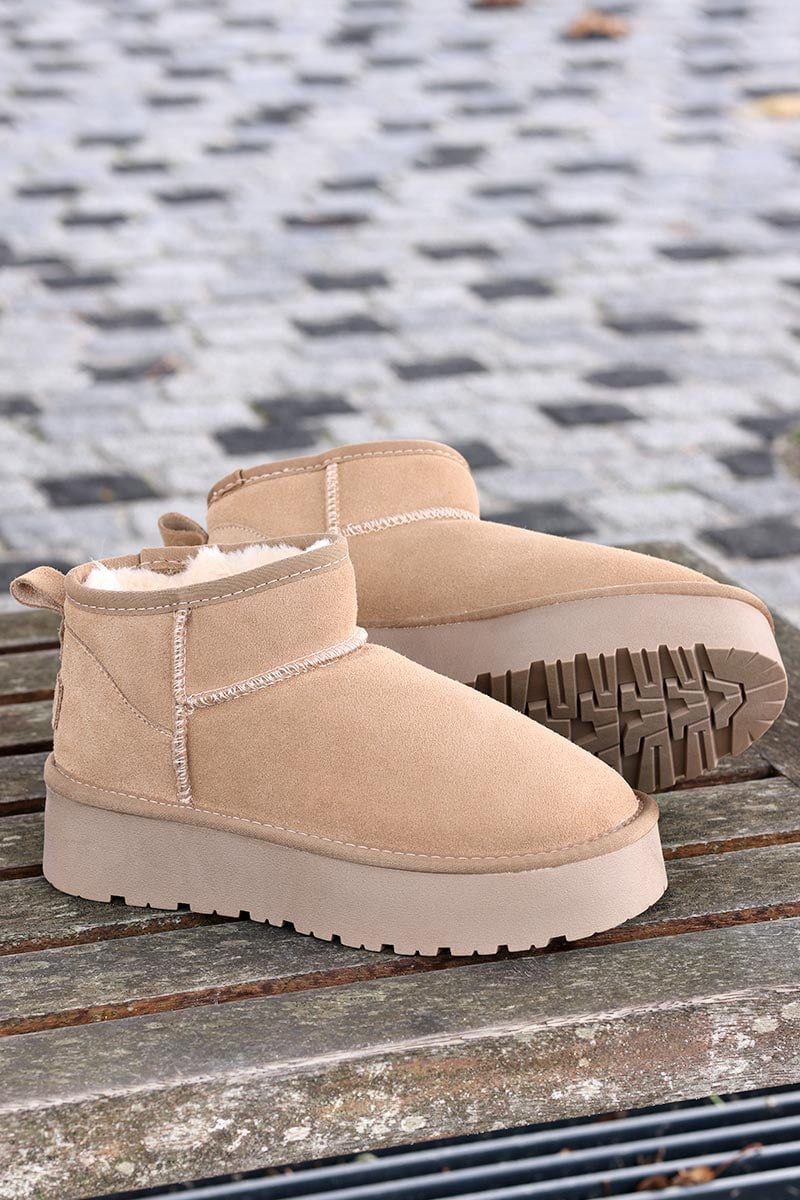 Beige suede leather flatform comfort ankle boots