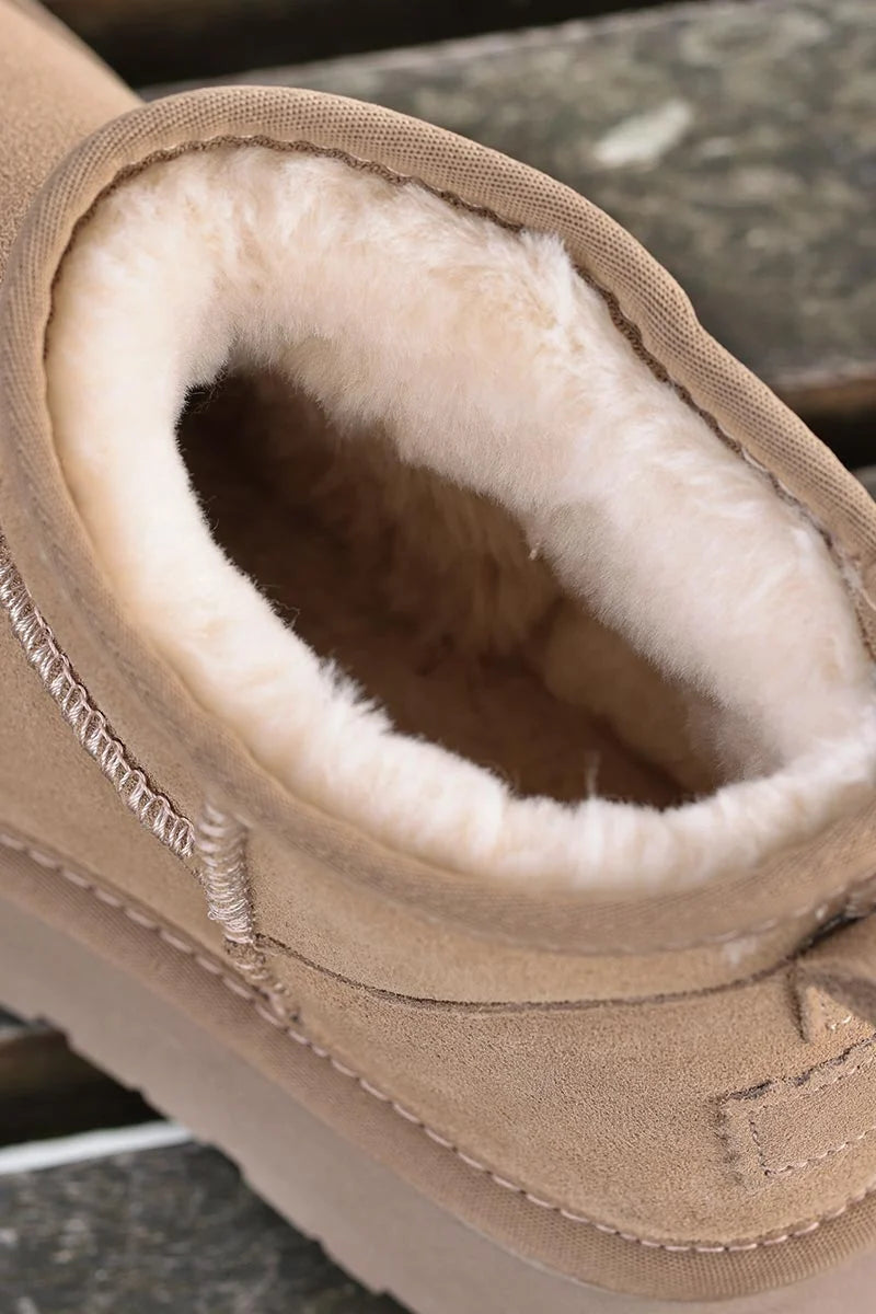Beige suede leather flatform comfort ankle boots