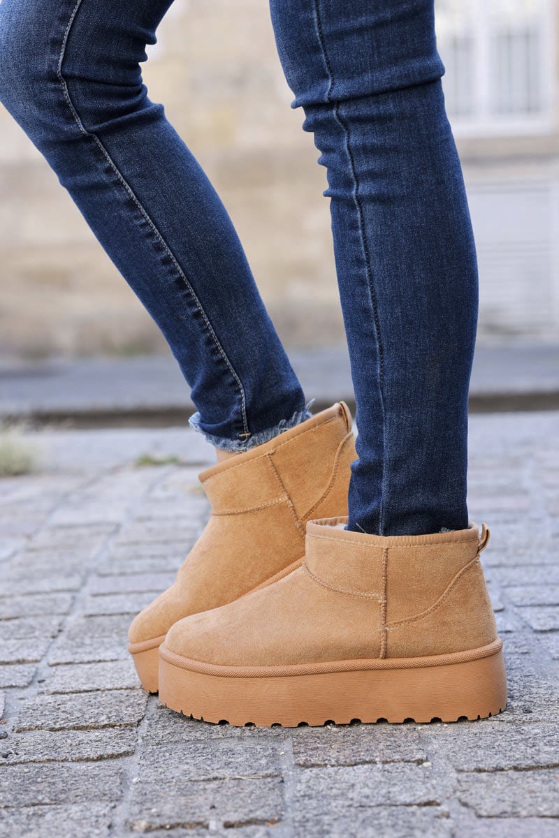 Camel suedette flatform fur lined ankle boots Horizons Lointains