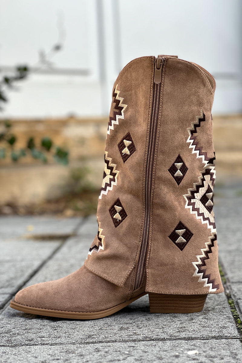 Taupe Suede Foldover Embroidered Cowboy Boots