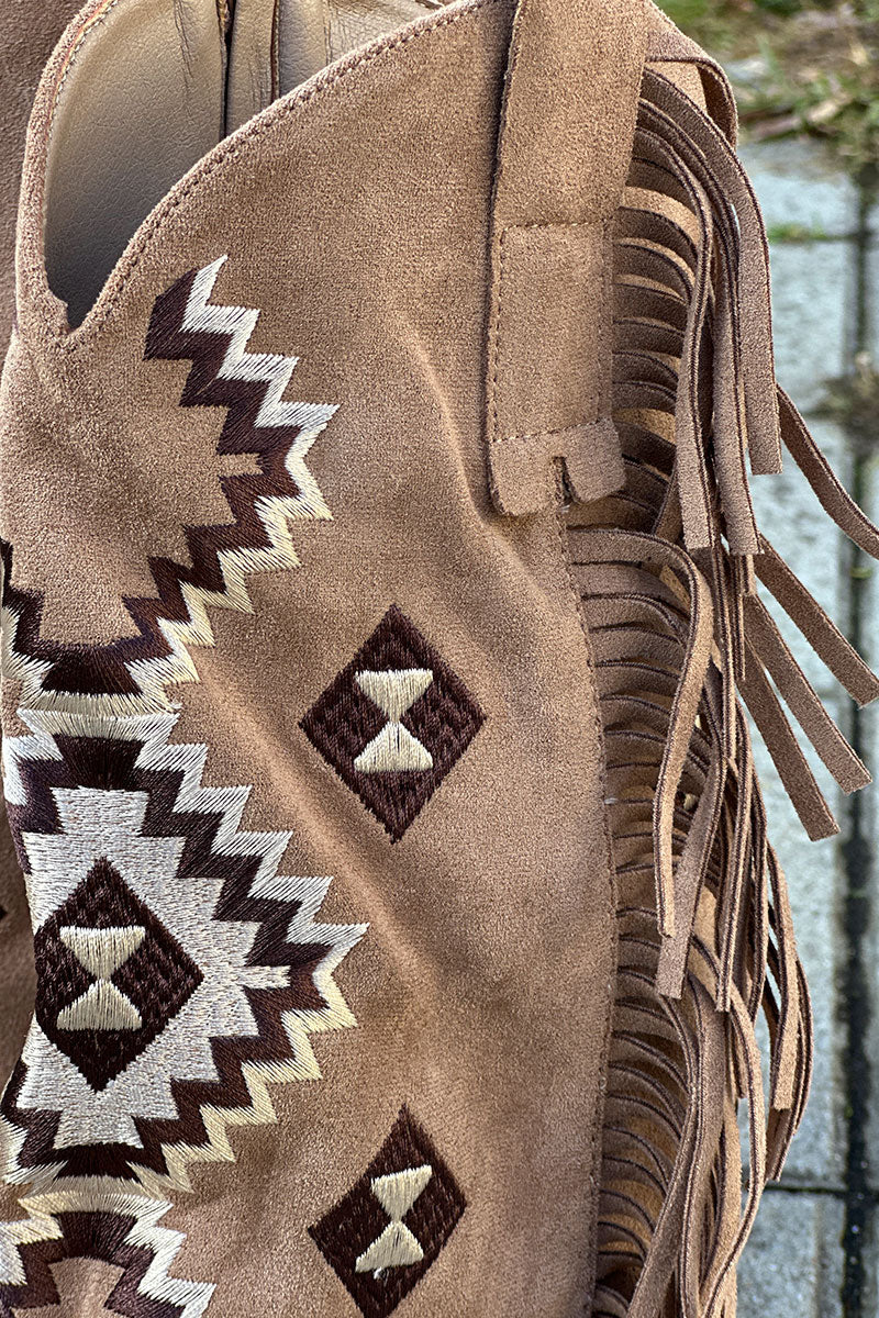 Taupe Suede Foldover Embroidered Cowboy Boots