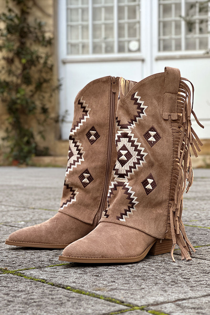 Taupe Suede Foldover Embroidered Cowboy Boots