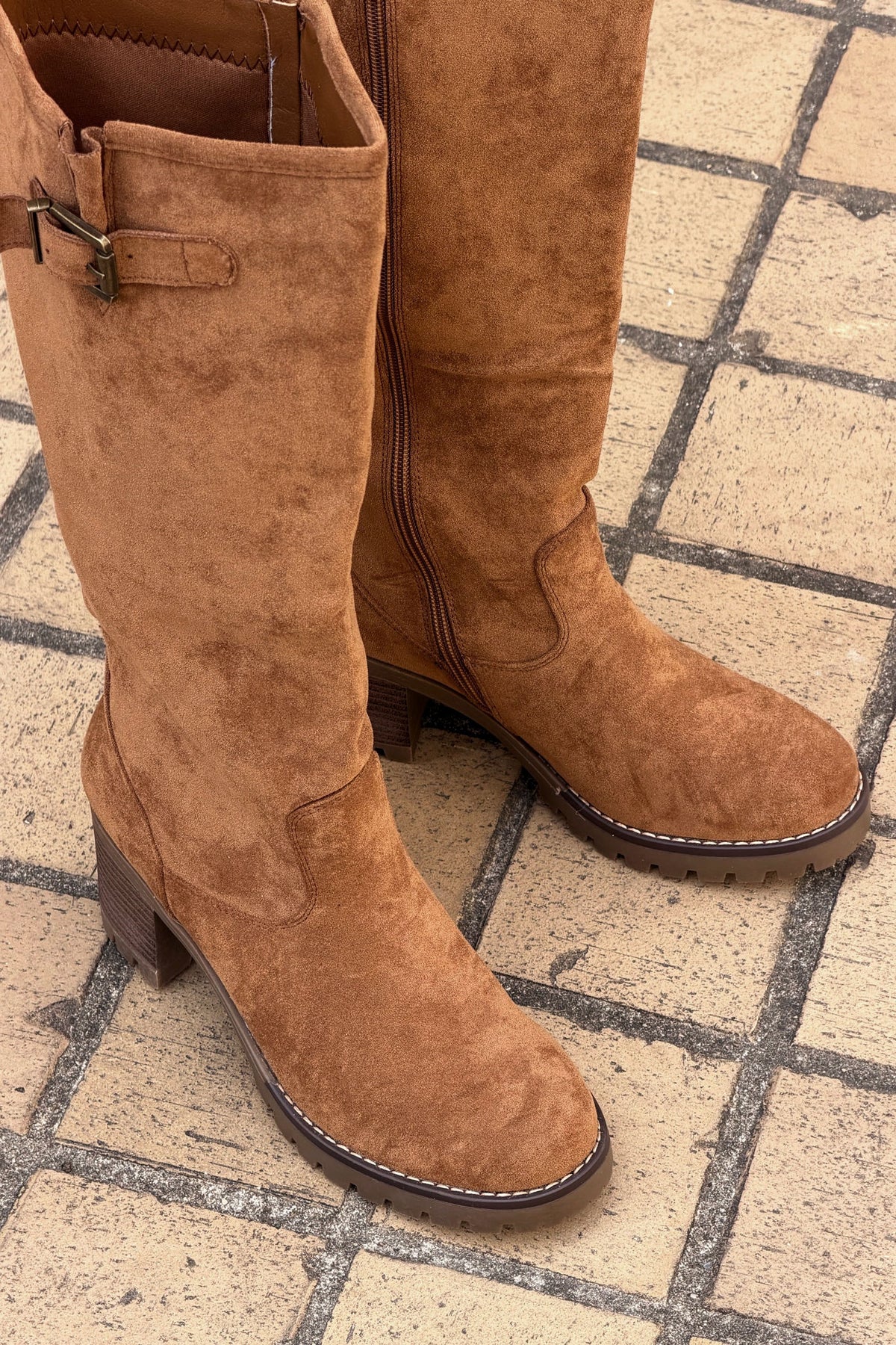 Camel Suedette Pull-On Boots with Buckle