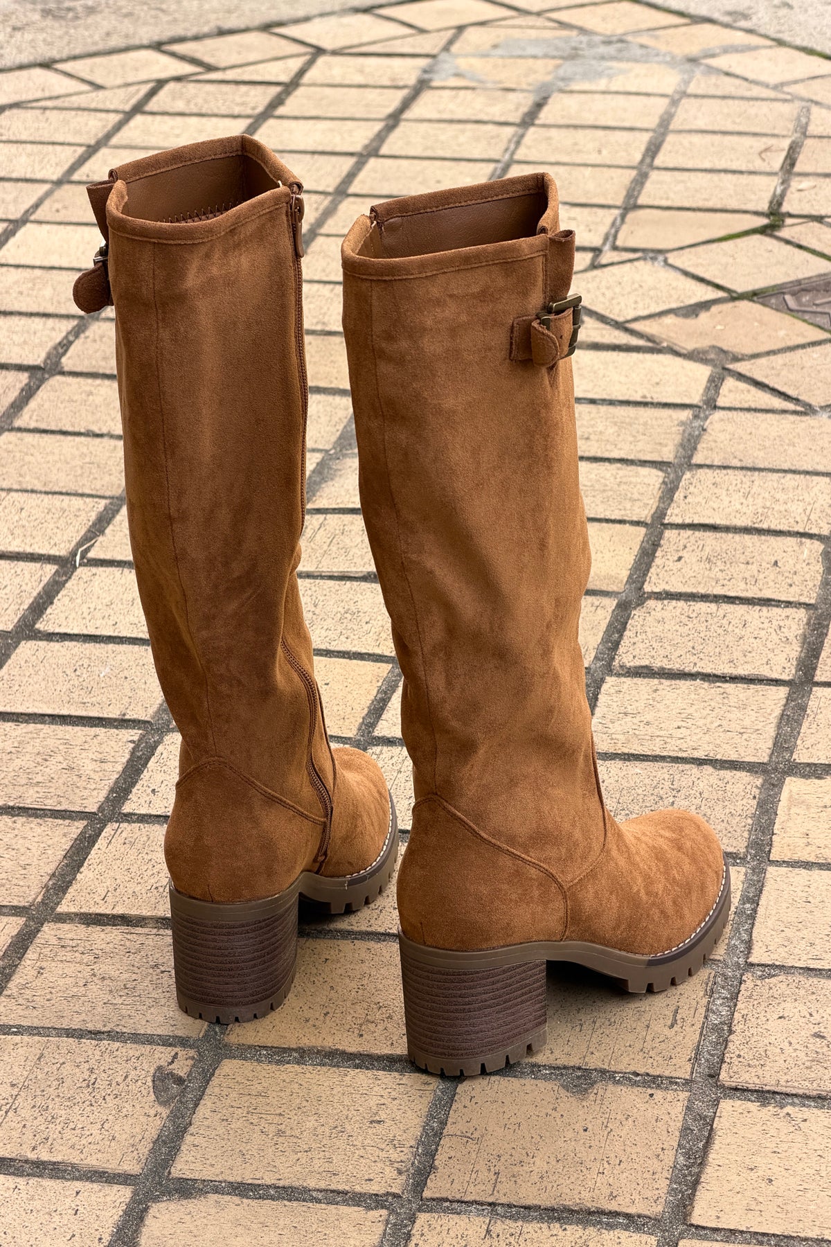 Camel Suedette Pull-On Boots with Buckle
