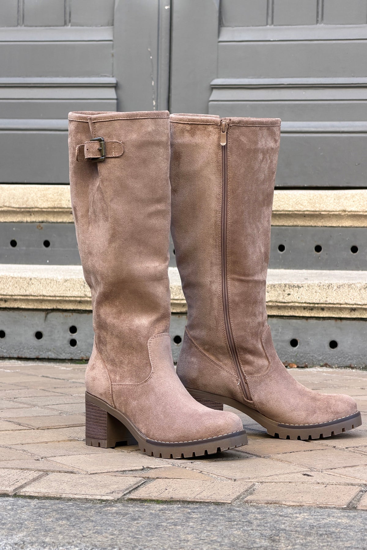 Taupe Suedette Pull-On Boots with Buckle