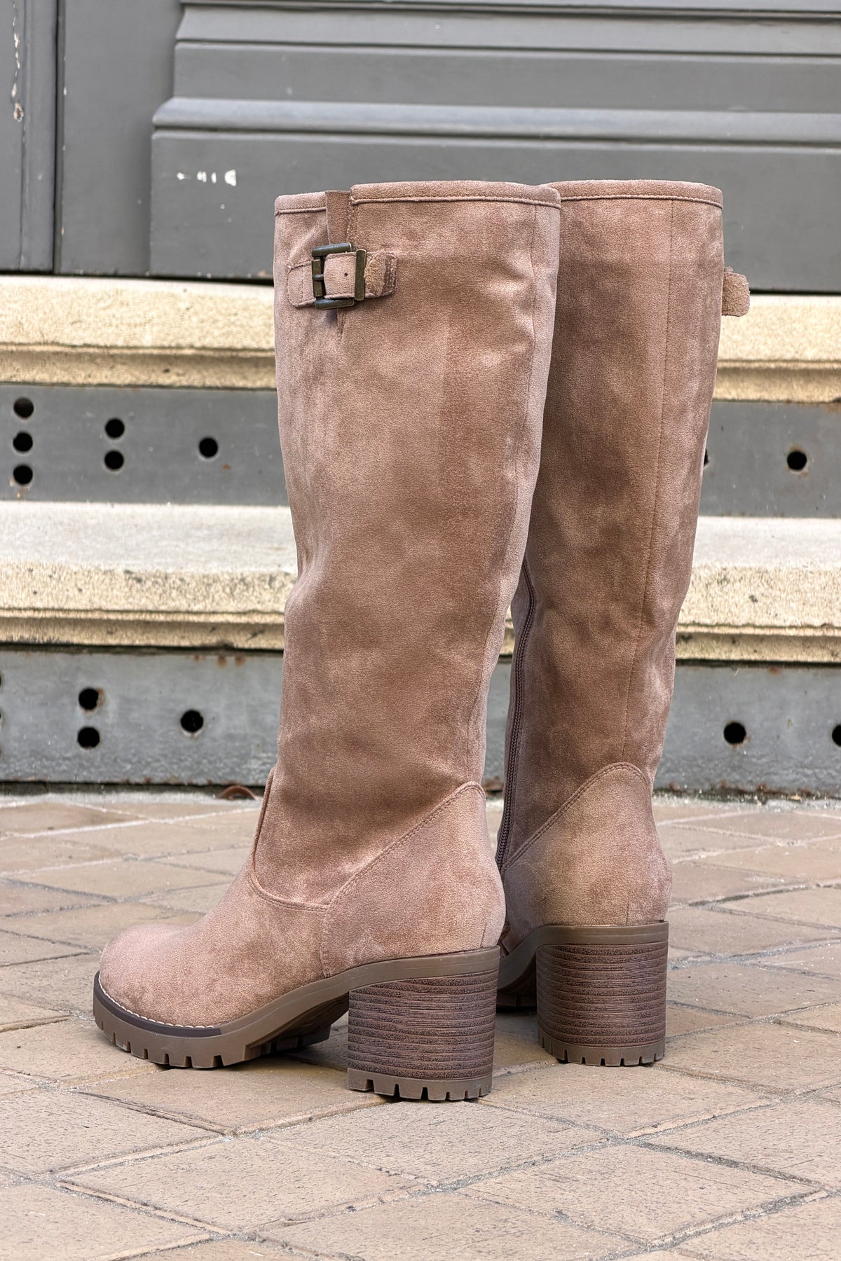 Taupe Suedette Pull-On Boots with Buckle