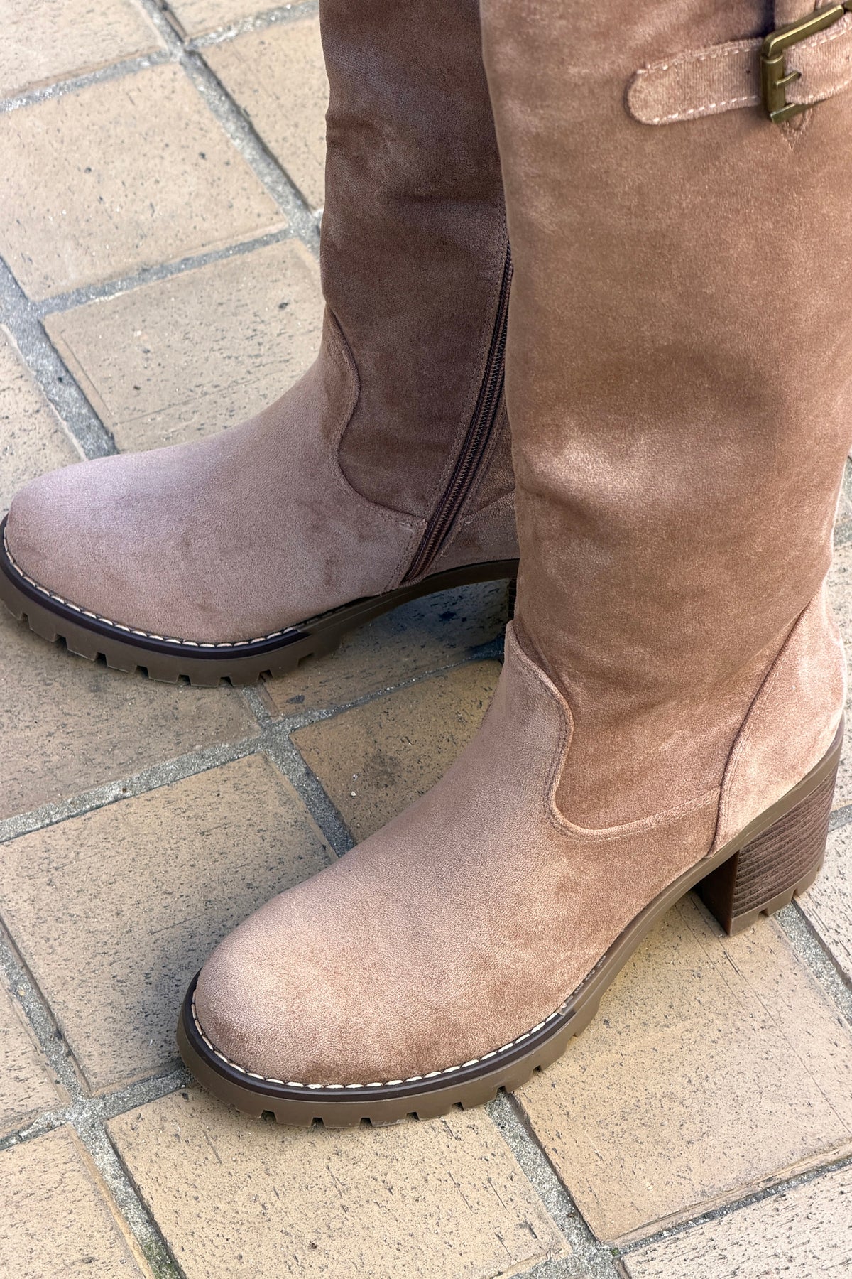 Taupe Suedette Pull-On Boots with Buckle