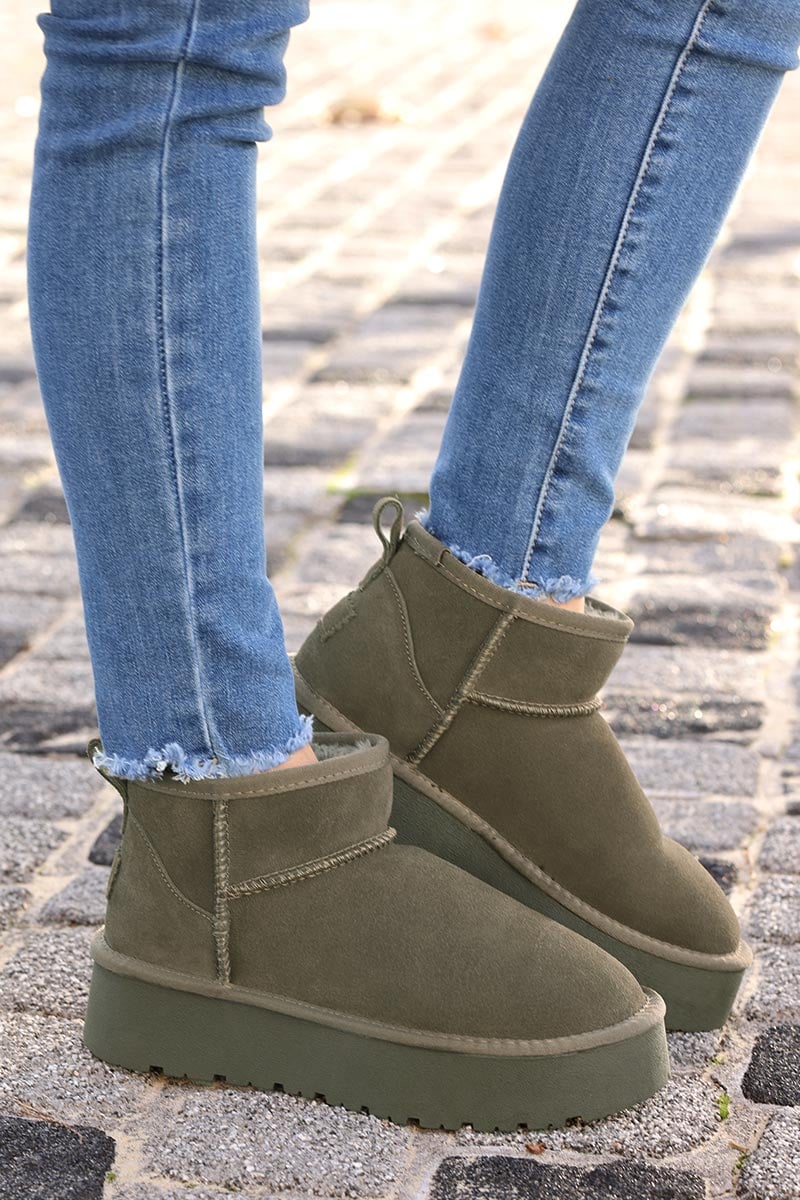 Khaki leather suede flatform comfort ankle boots