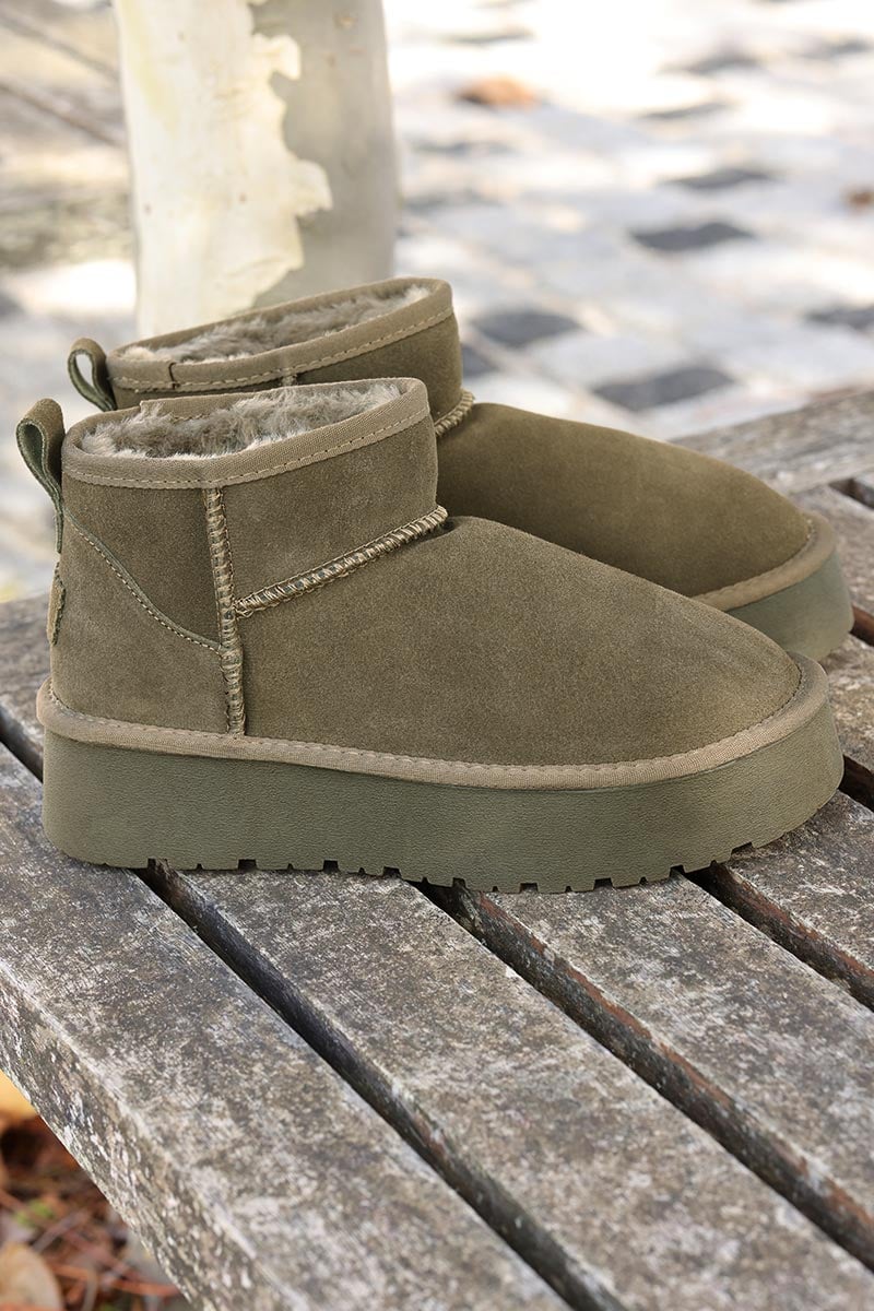Khaki leather suede flatform comfort ankle boots