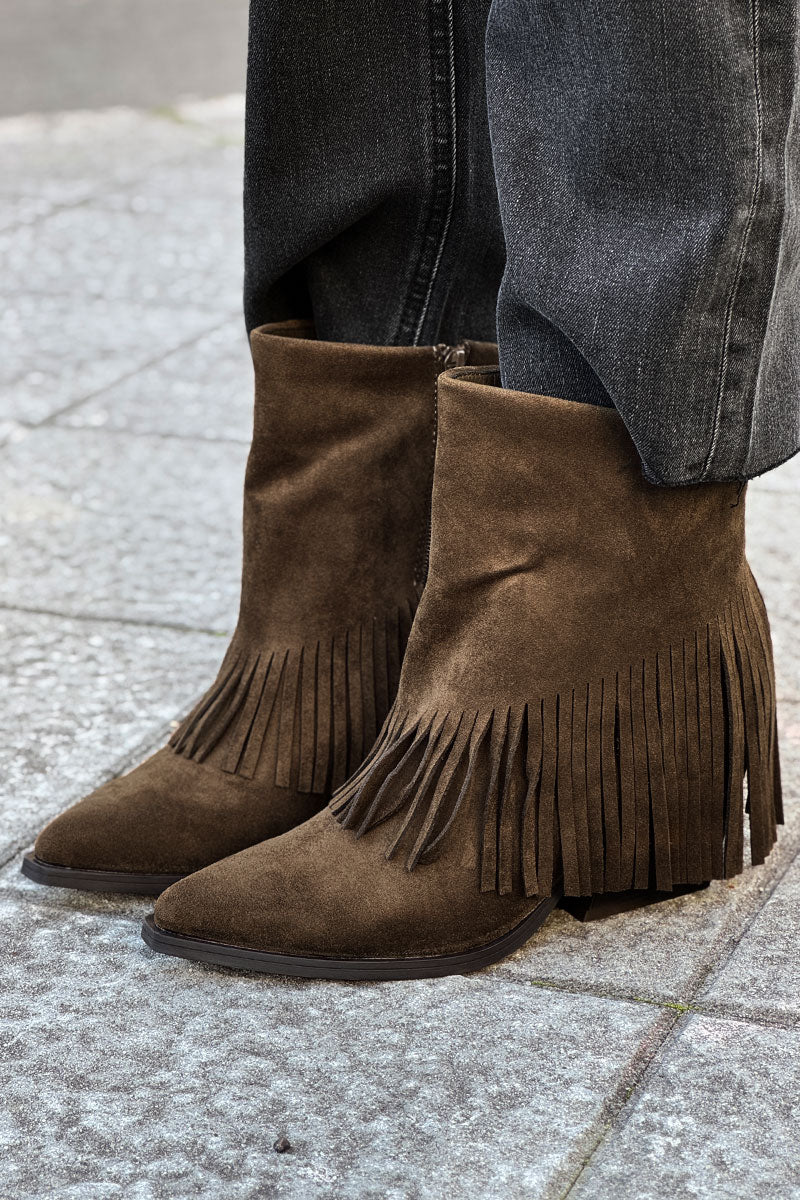 Bottes marron kaki à talon avec franges style indien