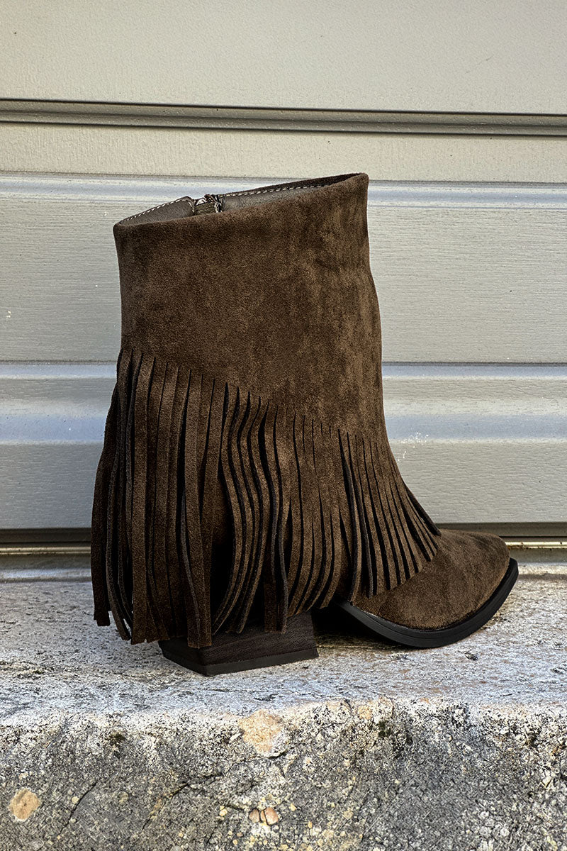 Bottes marron kaki à talon avec franges style indien