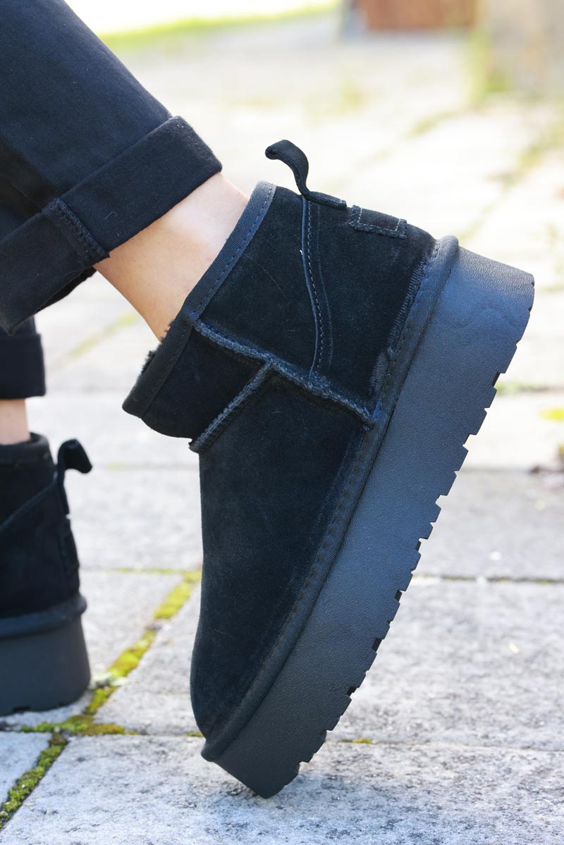 Emma Black Genuine Suede Platform Mini Boots