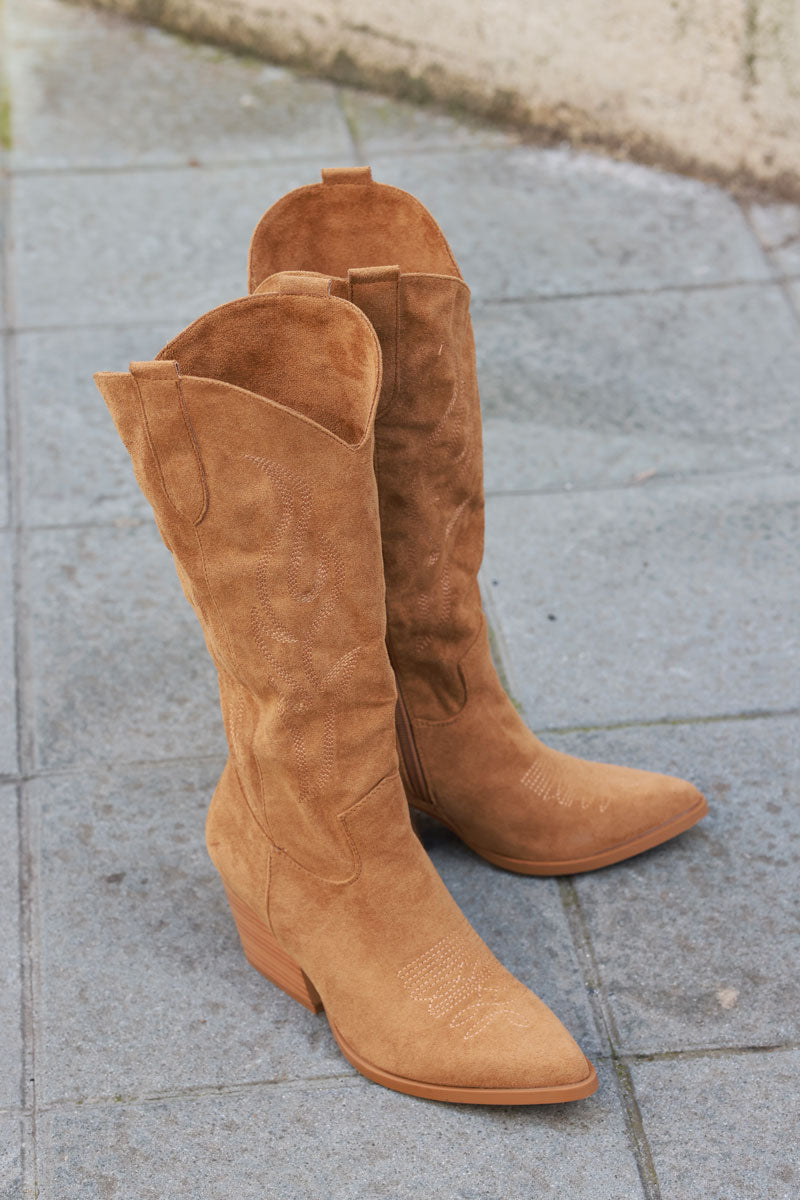 Camel cowboy boots with embroidery, heel, and pointed toe