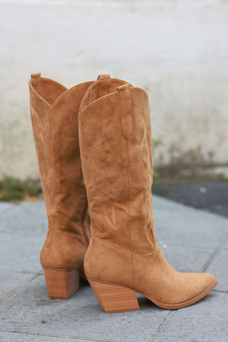 Camel cowboy boots with embroidery, heel, and pointed toe