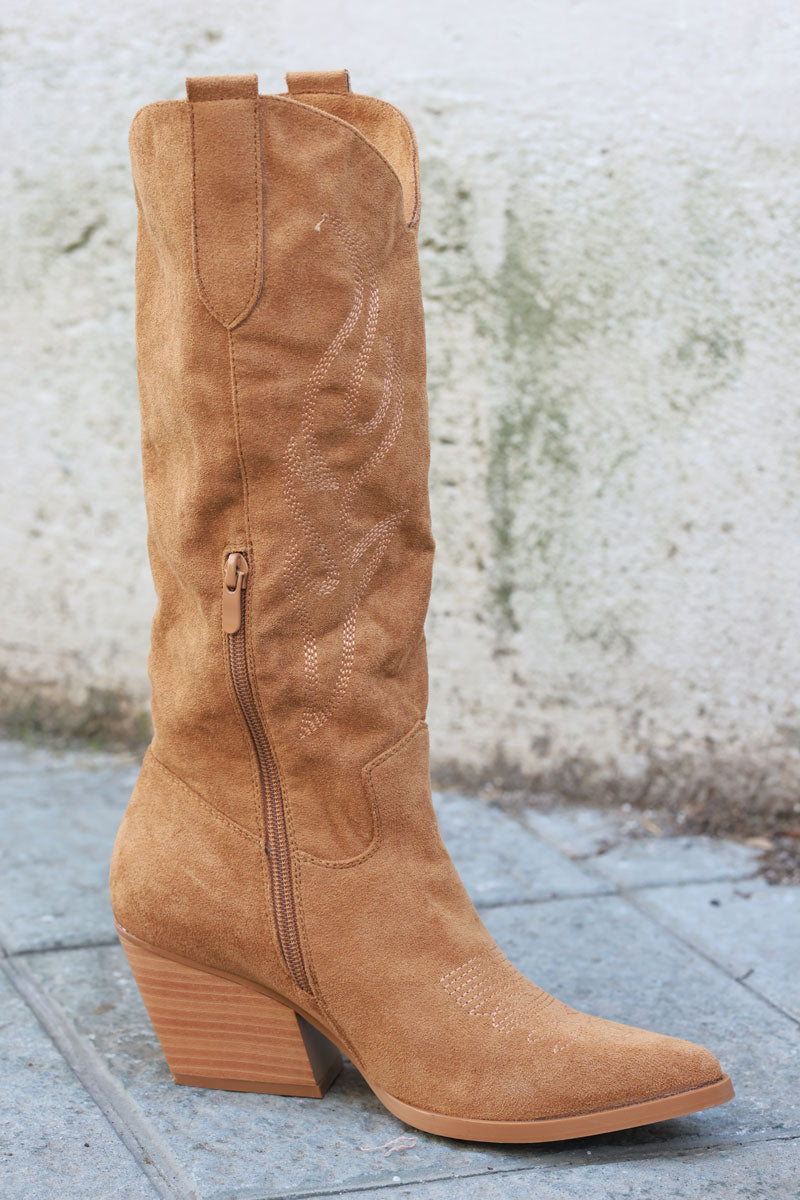 Camel cowboy boots with embroidery, heel, and pointed toe