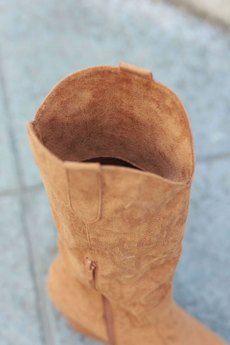 Camel cowboy boots with embroidery, heel, and pointed toe