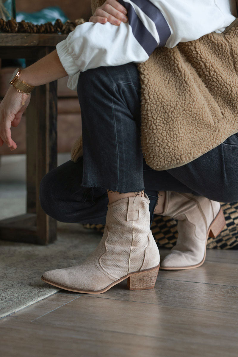 Beige Sueded Cowboy Ankle Boots