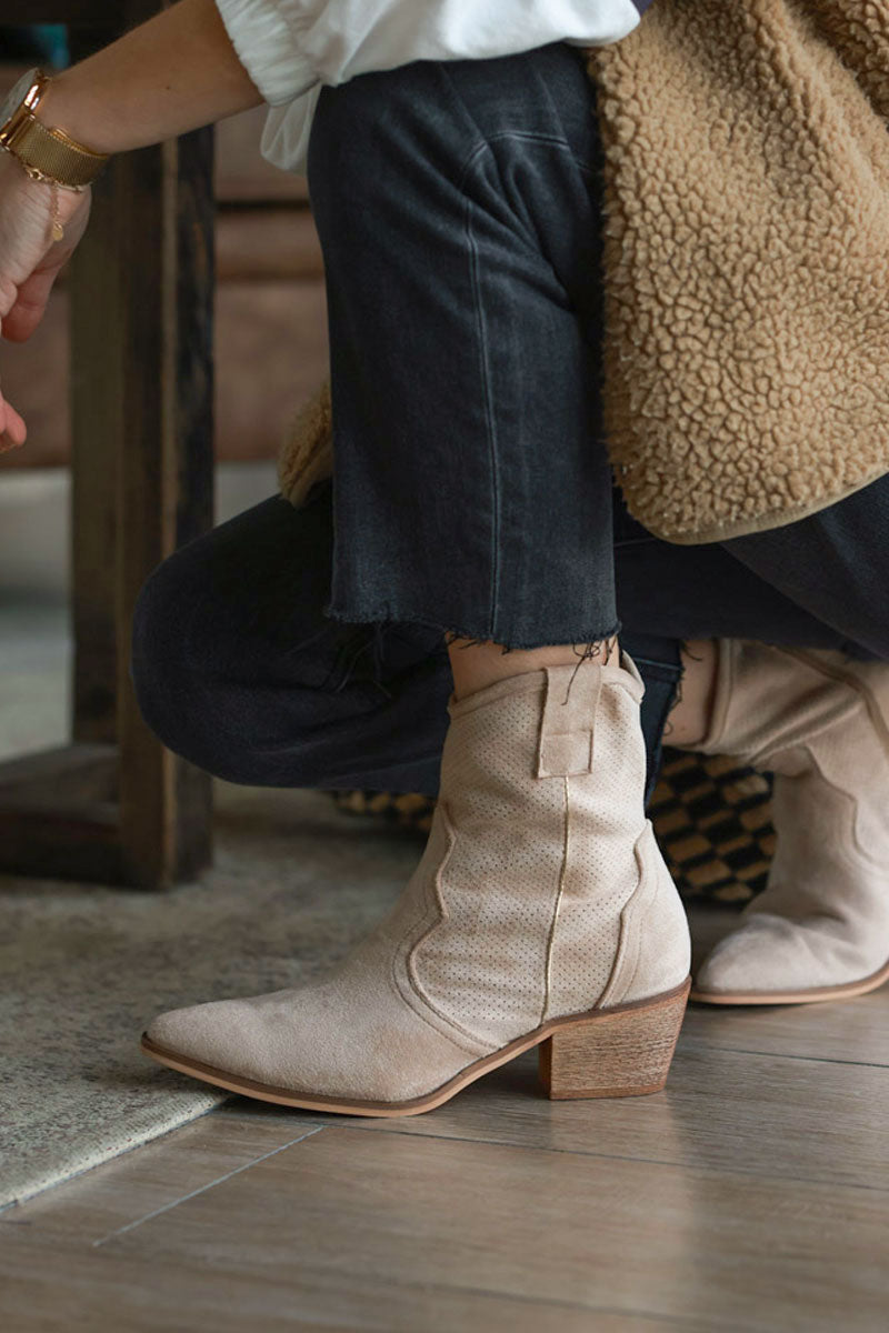 Beige Sueded Cowboy Ankle Boots